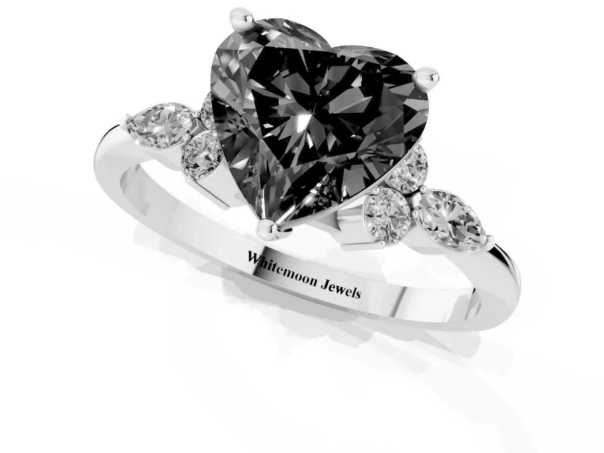 Fancy Black Heart Cut Brilliant Diamond Solitaire Ring with Pear Side Stones and Four-Prong Setting Platinum