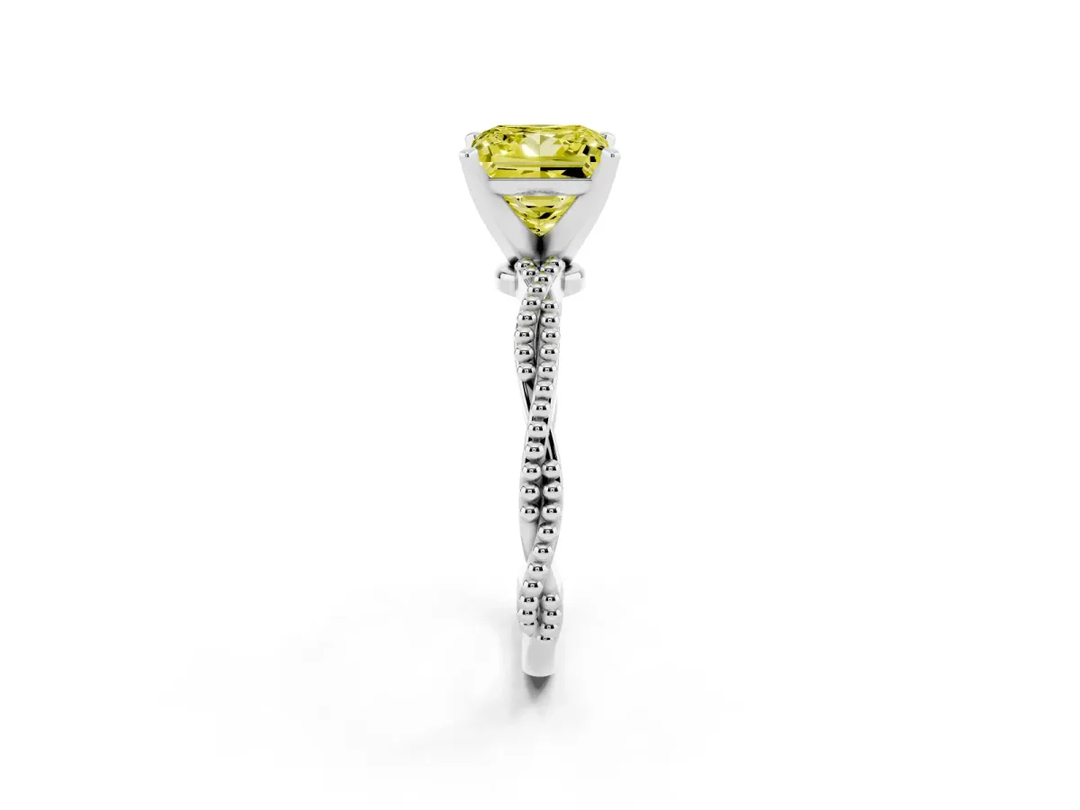 Fancy Yellow Princess Cut Solitaire Twisted Band with Bead Prong Setting Platinum