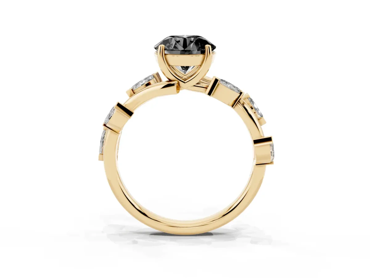 Fancy Black Round Cut Solitaire Twisted Band Marquise Accent Prong Setting Ring Yellow gold