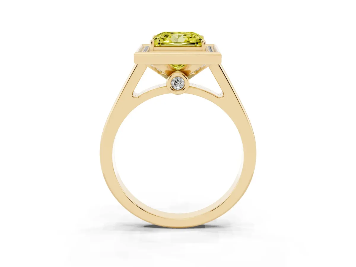 Fancy Yellow Princess Cut Halo Solitaire Diamond Ring with Pave Band and Bezel Setting Yellow gold