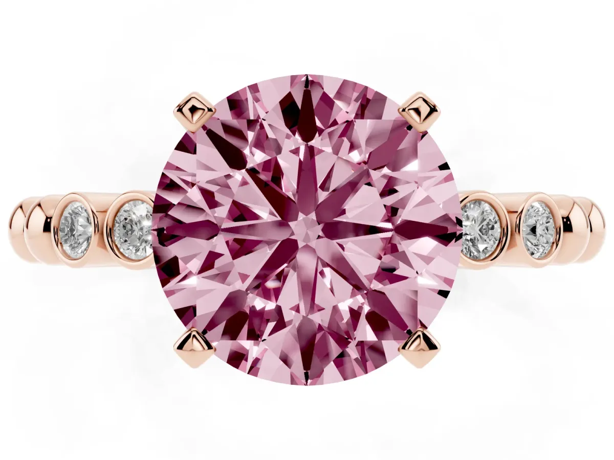 Fancy Pink Round Cut Solitaire Bezel Accent Diamond Engagement Ring with Beaded Band and Four-Prong Setting Rose gold