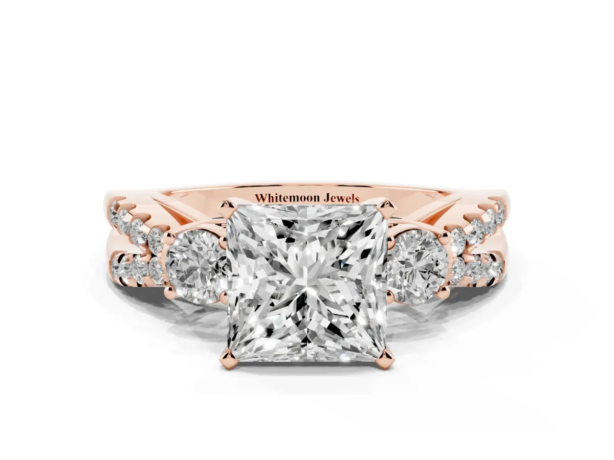 Princess Cut Diamond Three-Stone Ring with Pavé Split Shank and Four-Prong Setting Rose gold