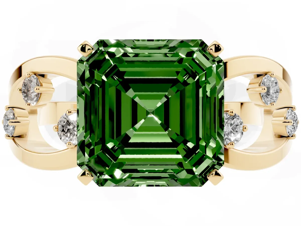 Fancy Green Asscher Cut Cut Solitaire Diamond with Side Stones on Criss-Cross Band and Four-Prong Setting Yellow gold