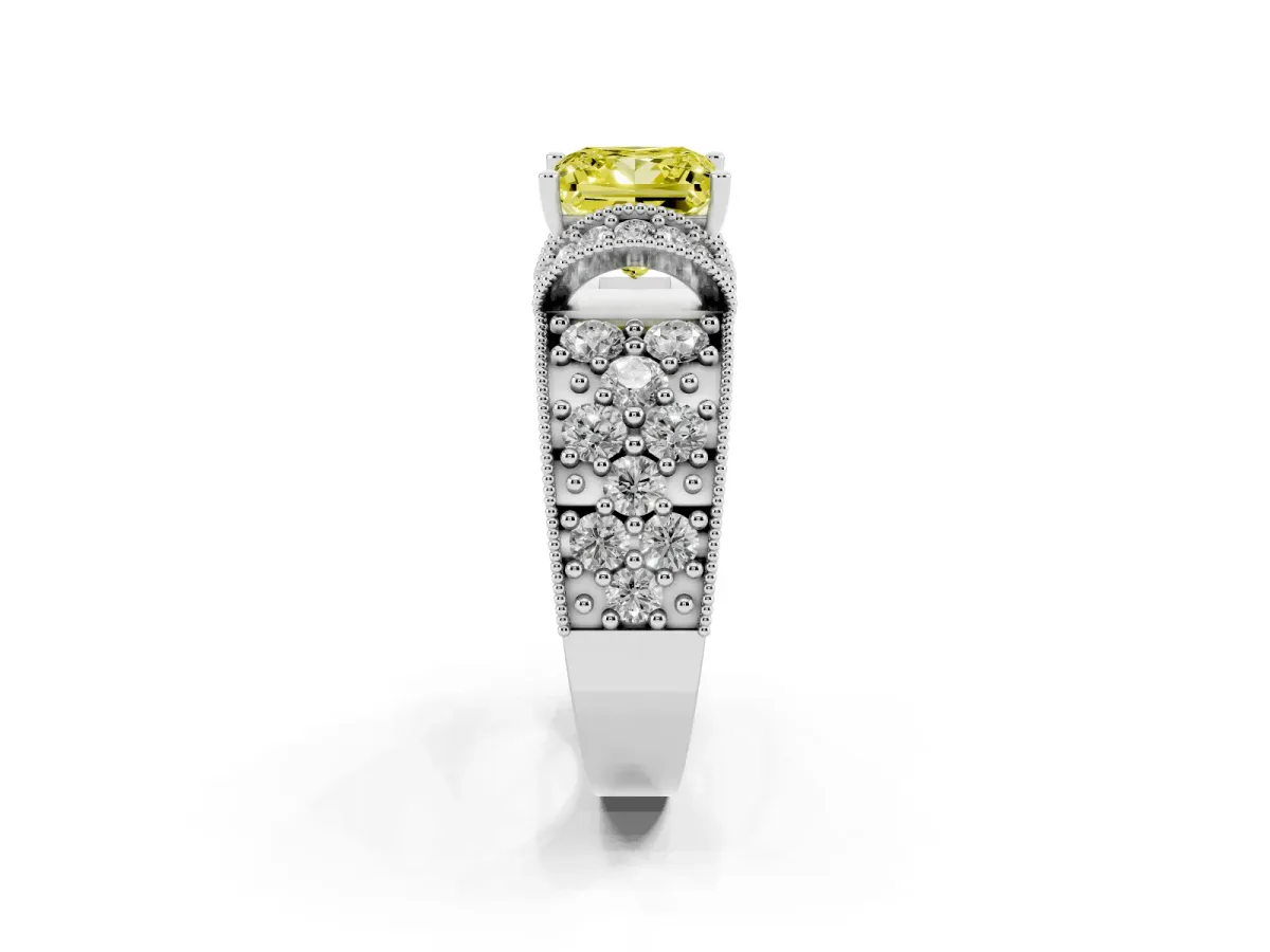 Fancy Yellow Princess Cut Halo Pave Diamond Engagement Ring with Milgrain Detailing White gold