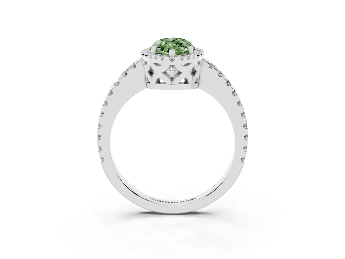 Fancy Green Marquise Cut Diamond Halo Engagement Ring with Pavé Band and Prong Setting Silver