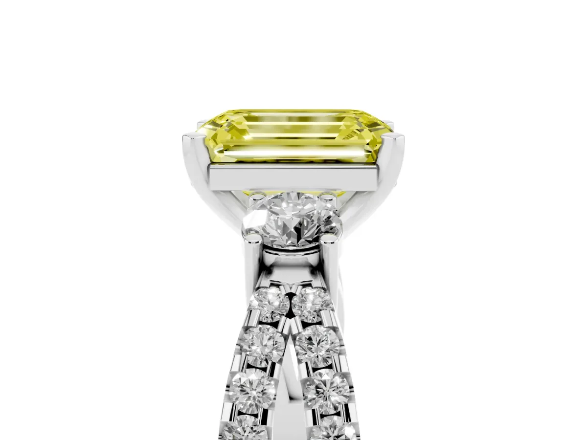 Fancy Yellow Emerald Cut Diamond Three-Stone Ring with Pavé Split Shank and Four-Prong Setting Silver