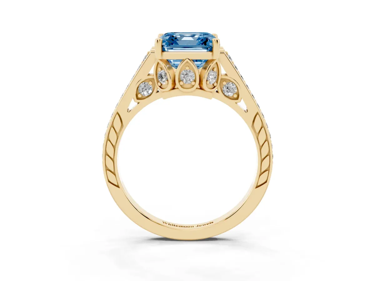 Fancy Blue Asscher Cut Cut Cathedral Pave Diamond Engagement Ring with Six-Prong Setting Yellow gold