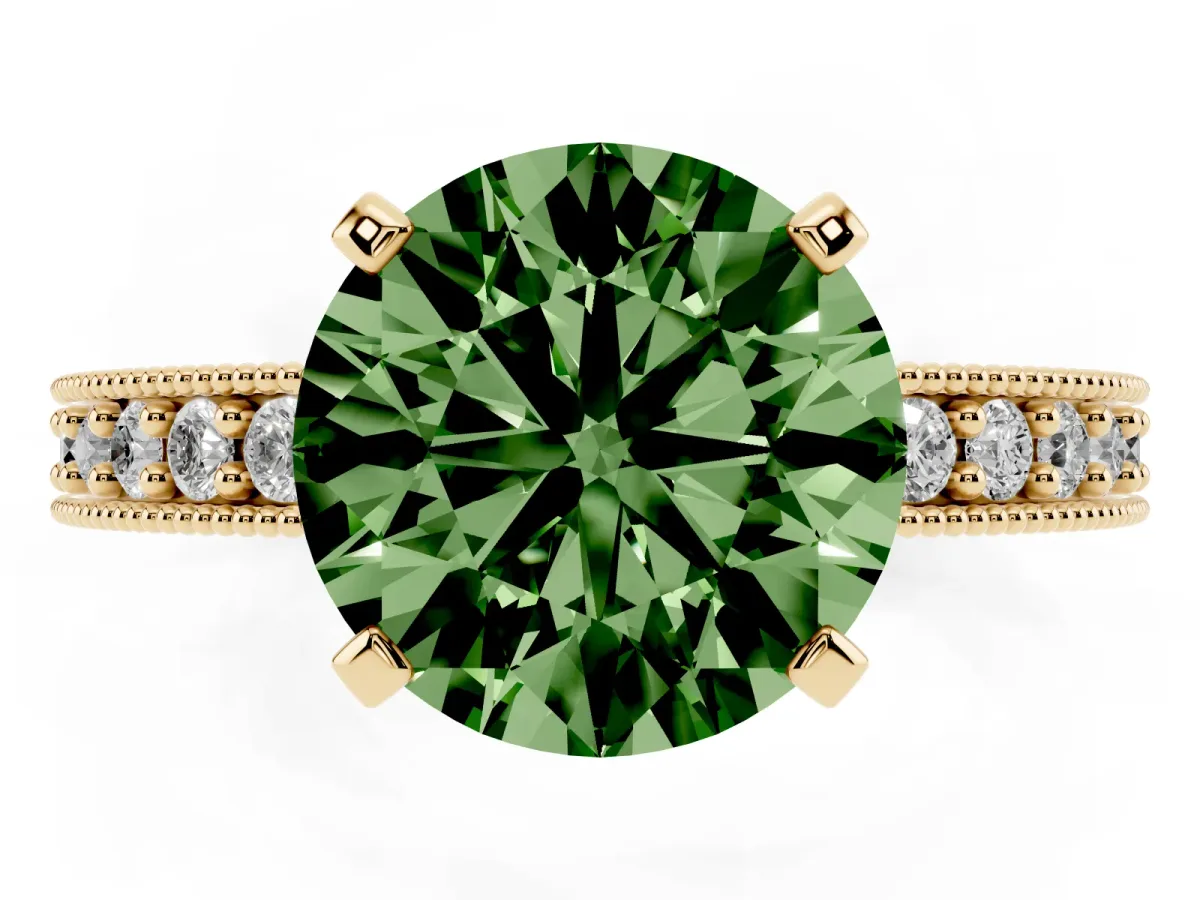 Fancy Green Round Cut Diamond Milgrain Pavé Engagement Ring with Four-Prong Setting Yellow gold