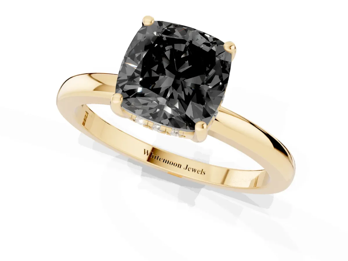 Fancy Black Cushion Cut Solitaire Diamond Ring with Prong Setting and Plain Band Yellow gold