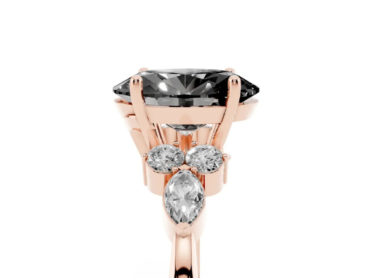 Fancy Black Oval Cut Brilliant Diamond Solitaire Ring with Pear Side Stones and Four-Prong Setting Rose gold