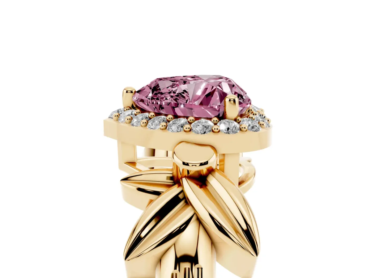 Fancy Pink Heart Cut Halo Diamond Floral Band with Four-Prong Setting Yellow gold