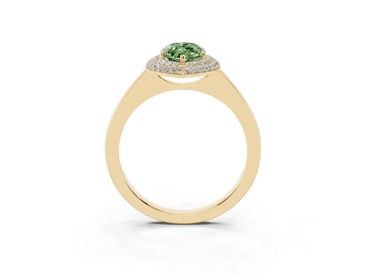 Fancy Green Marquise Cut Halo Diamond Engagement Ring with Solitaire Band and Four-Prong Setting Yellow gold