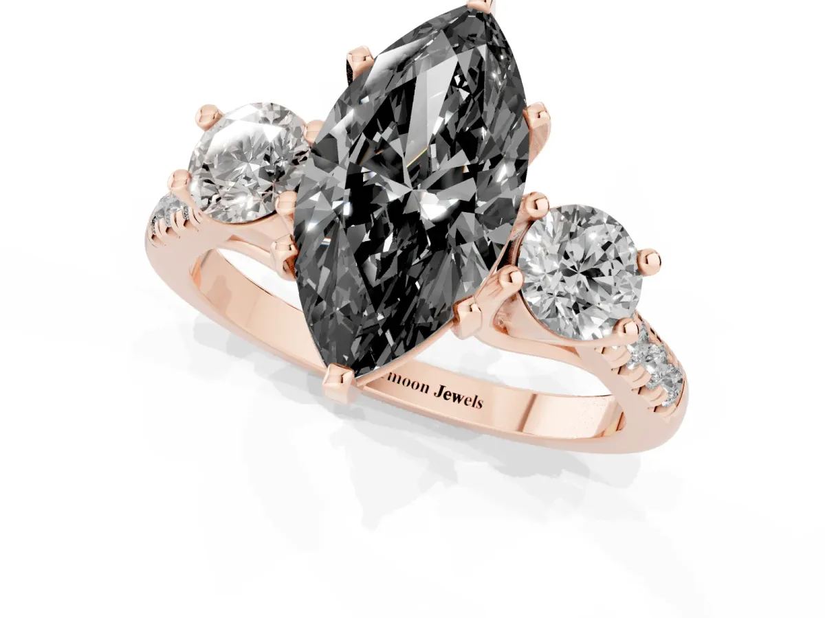 Fancy Black Three-Stone Marquise Cut Diamond Pavé Band with Four-Prong Setting Rose gold