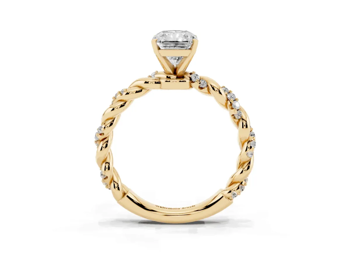 Radiant Cut Diamond Solitaire Ring with Twisted Band and Pavé Accents Yellow gold