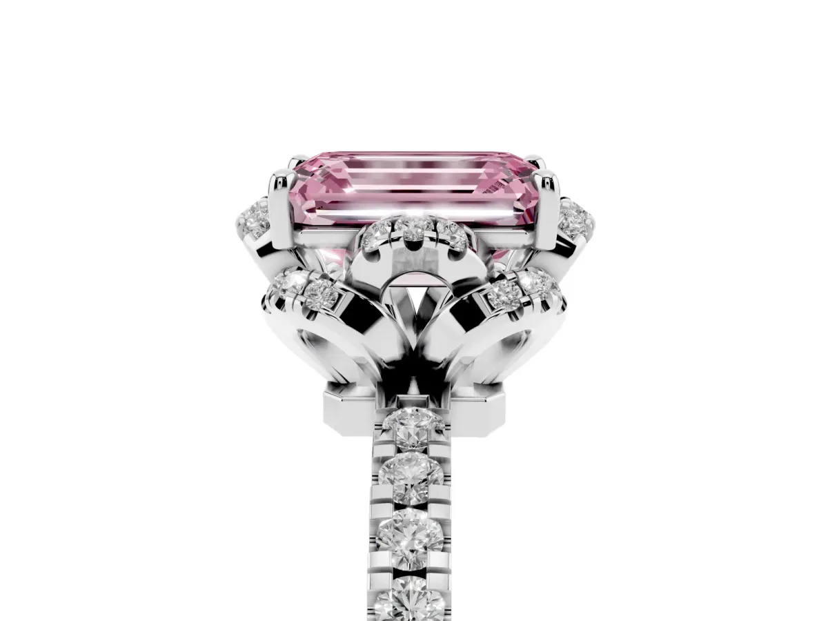 Fancy Pink Emerald Cut Diamond Halo Pave Band with Four-Prong Setting Silver