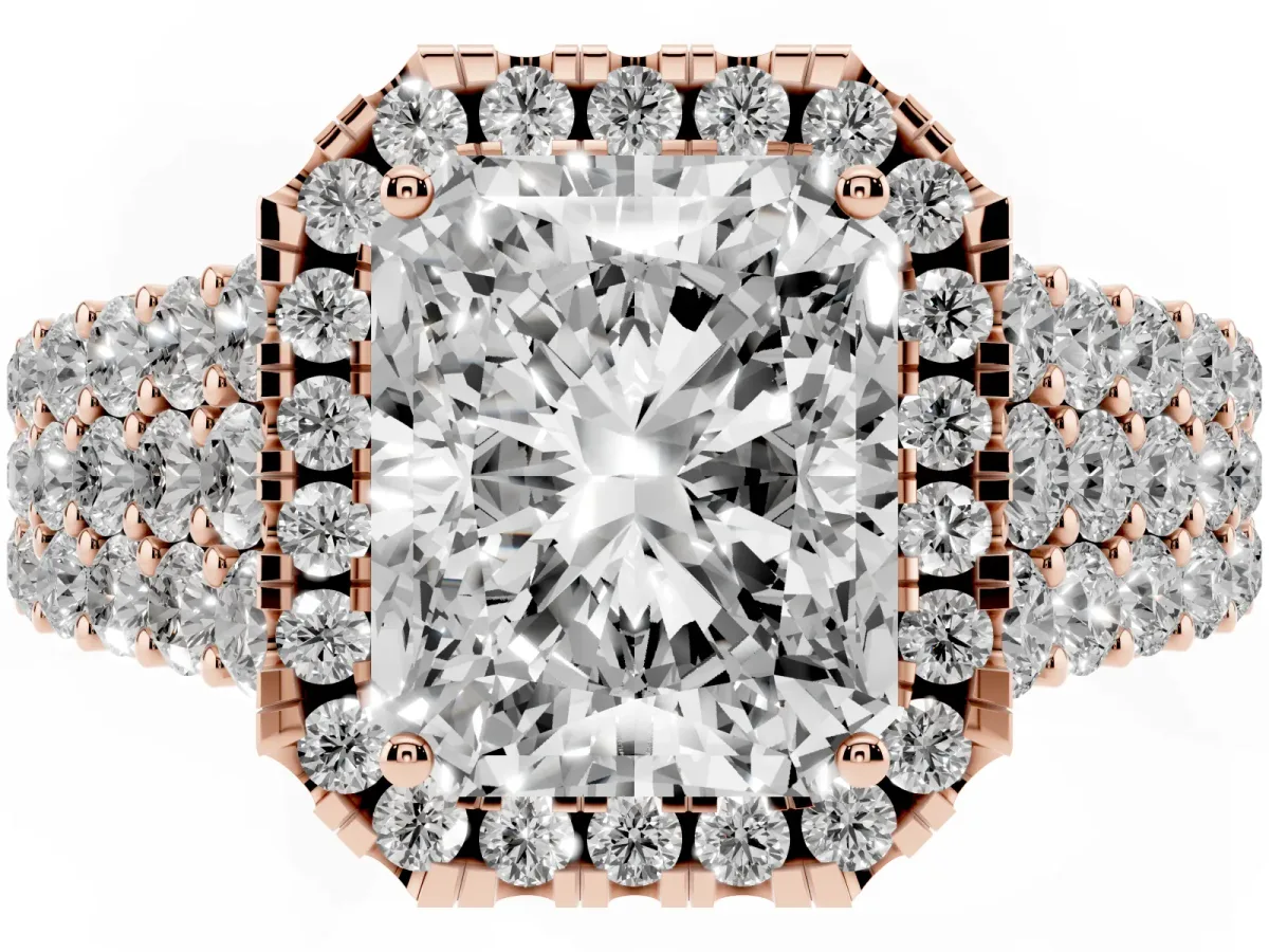 Radiant Cut Diamond Halo Engagement Ring with Triple Row Round Pavé Band and Prong Setting Rose gold