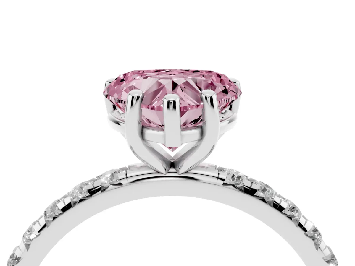 Fancy Pink Heart Cut Cut Diamond Solitaire Ring with Micro Pave Band and Four Prong Setting Platinum