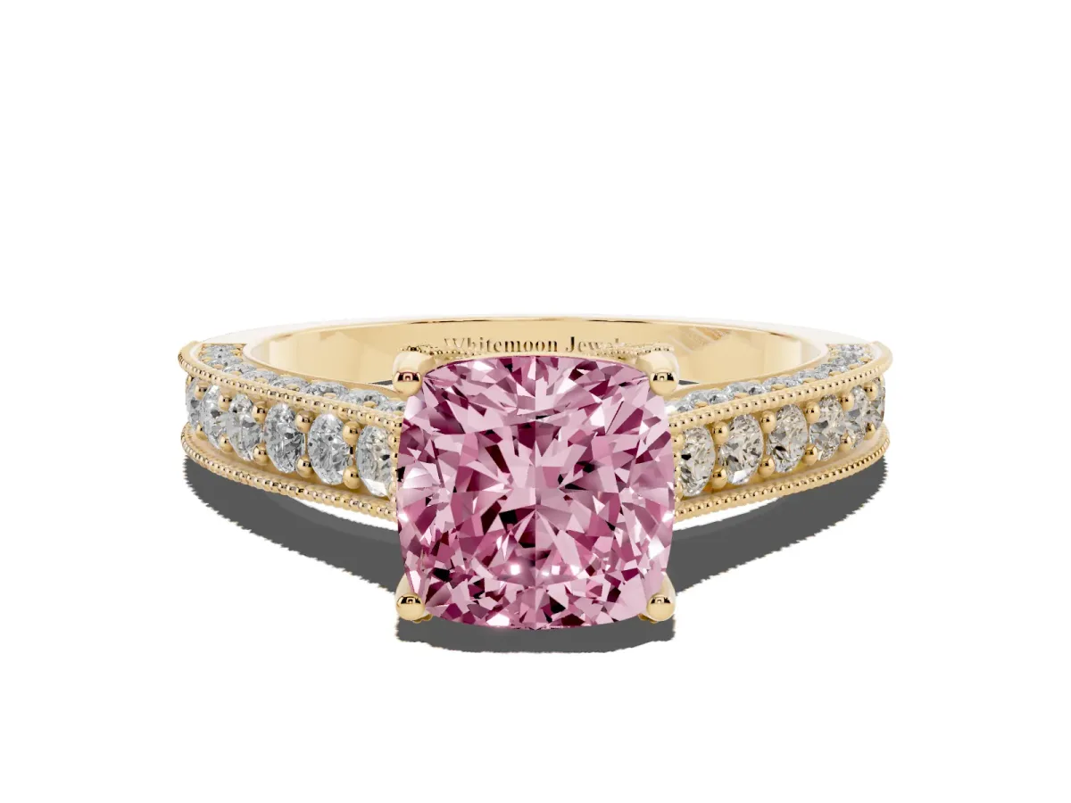 Fancy Pink Cushion Cut Cut Diamond Solitaire Ring with Milgrain Pave Band and Four Prong Setting Yellow gold