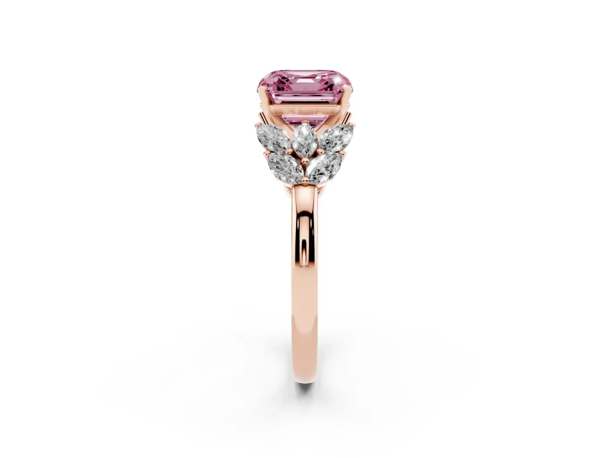 Fancy Pink Asscher Cut Diamond Cluster Leaf Design Ring with Prong Setting Rose gold