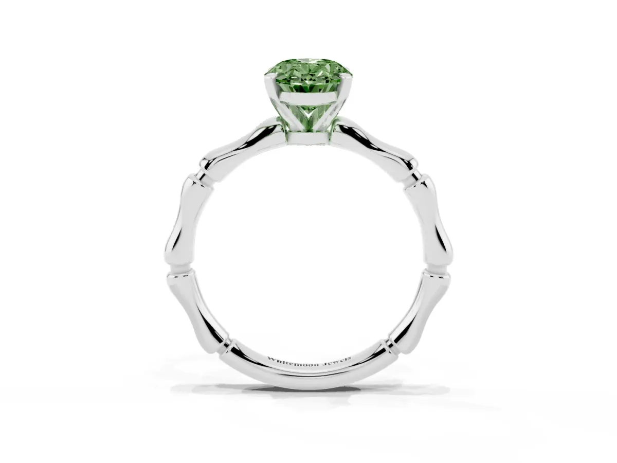 Fancy Green Oval Cut Solitaire Diamond Ring with Bamboo Band and Four-Prong Setting Silver