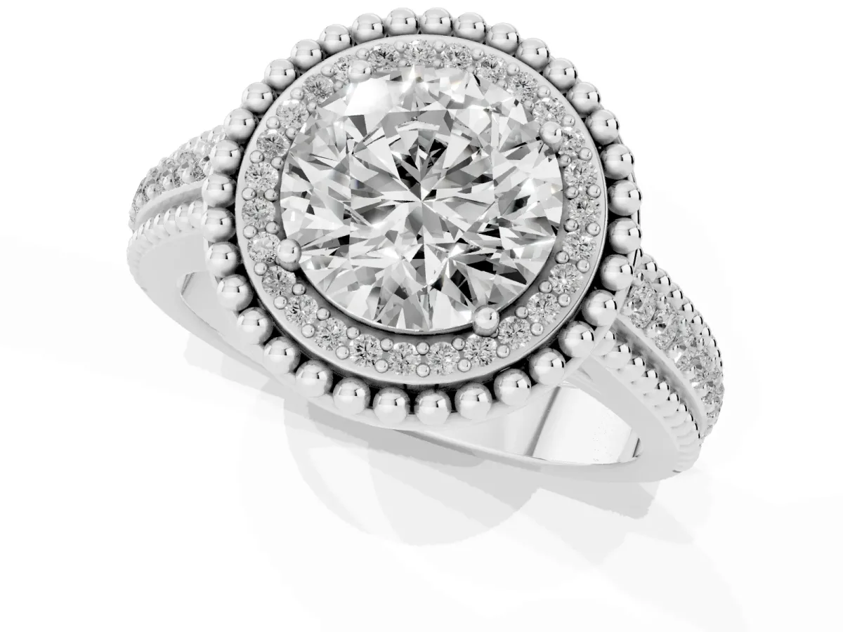 Round Cut Halo Diamond Ring with Beaded Split Shank and Four-Prong Setting Platinum
