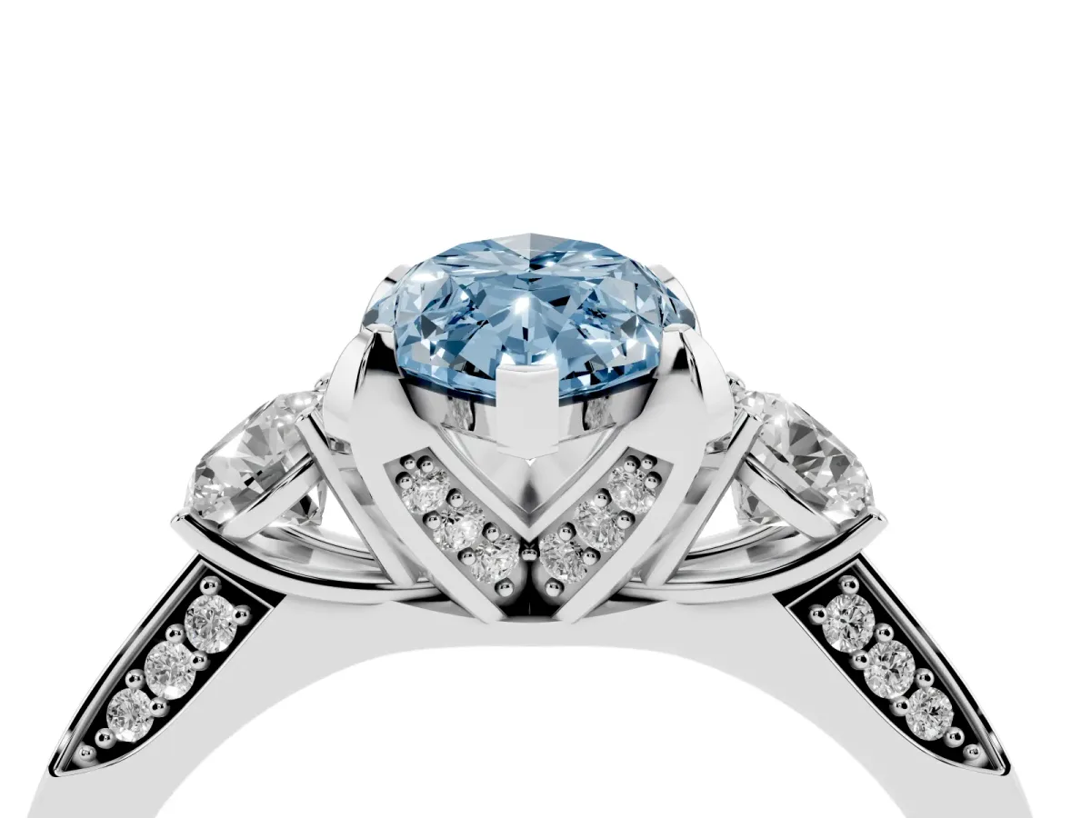 Fancy Blue Marquise Cut Brilliant Three-Stone Diamond Ring with Pavé Band and Four-Prong Setting Silver