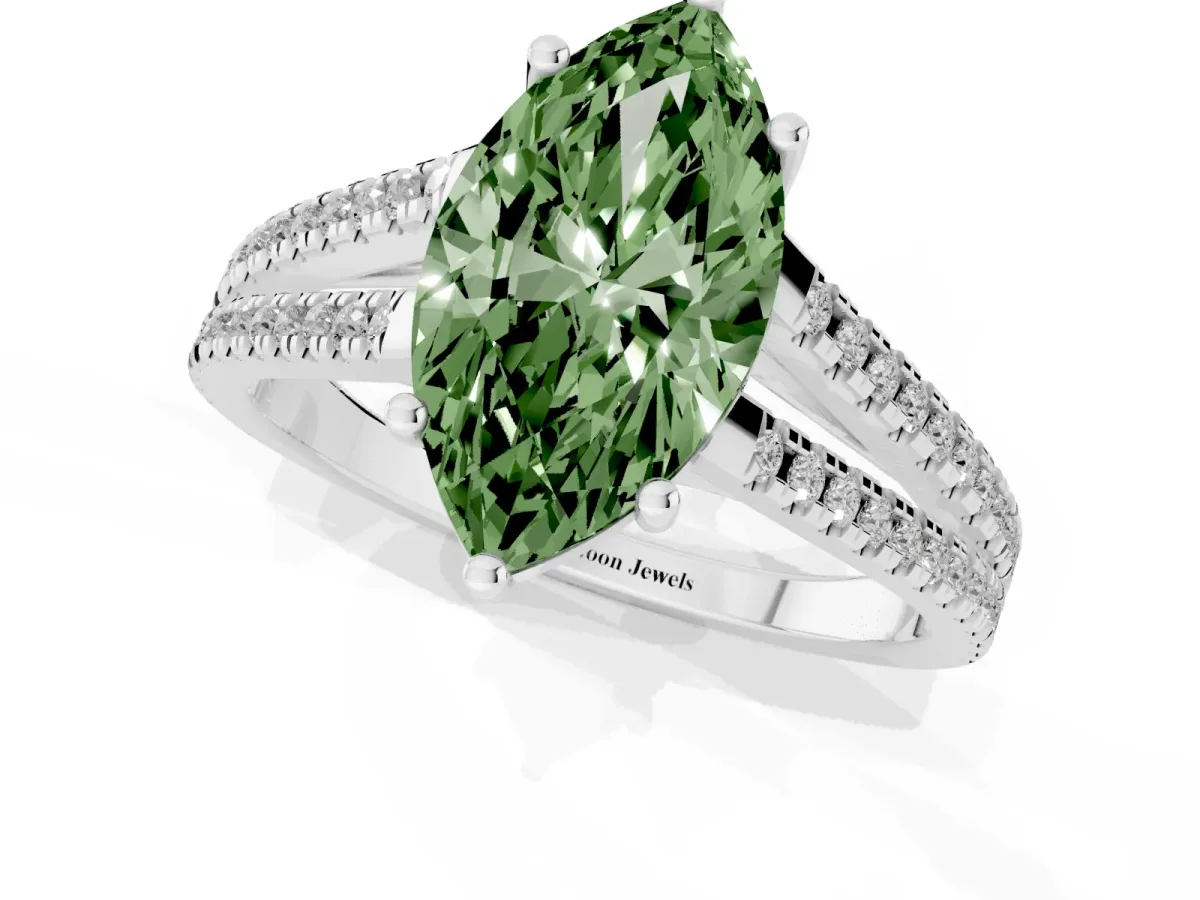 Fancy Green Marquise Cut Diamond Solitaire Engagement Ring with Split Shank Pavé Band Silver