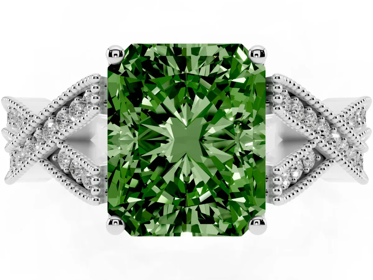 Fancy Green Radiant Cut Cut Diamond Twisted Band with Milgrain Pave Setting and Four-Prong Setting Platinum