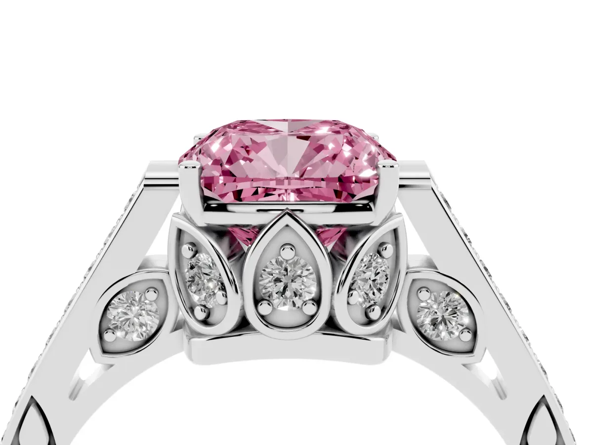 Fancy Pink Cushion Cut Cut Cathedral Pave Diamond Engagement Ring with Six-Prong Setting Silver