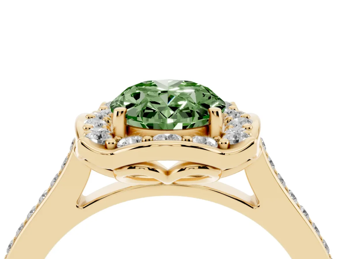 Fancy Green Oval Cut Halo Round Diamond Pave Band with Four-Prong Setting Yellow gold