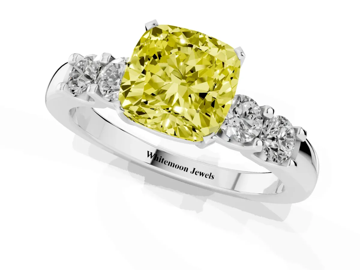 Fancy Yellow Cushion Cut Brilliant Cut Diamond Five-Stone Prong Set Engagement Ring with Channel Band Platinum