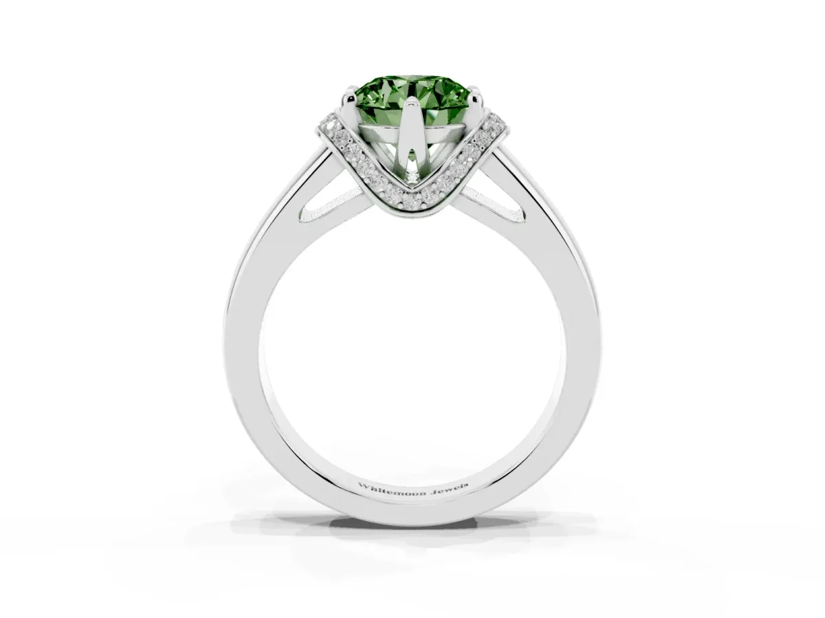 Fancy Green Round Cut Solitaire Diamond Ring with Pave Band and Six-Prong Setting Platinum
