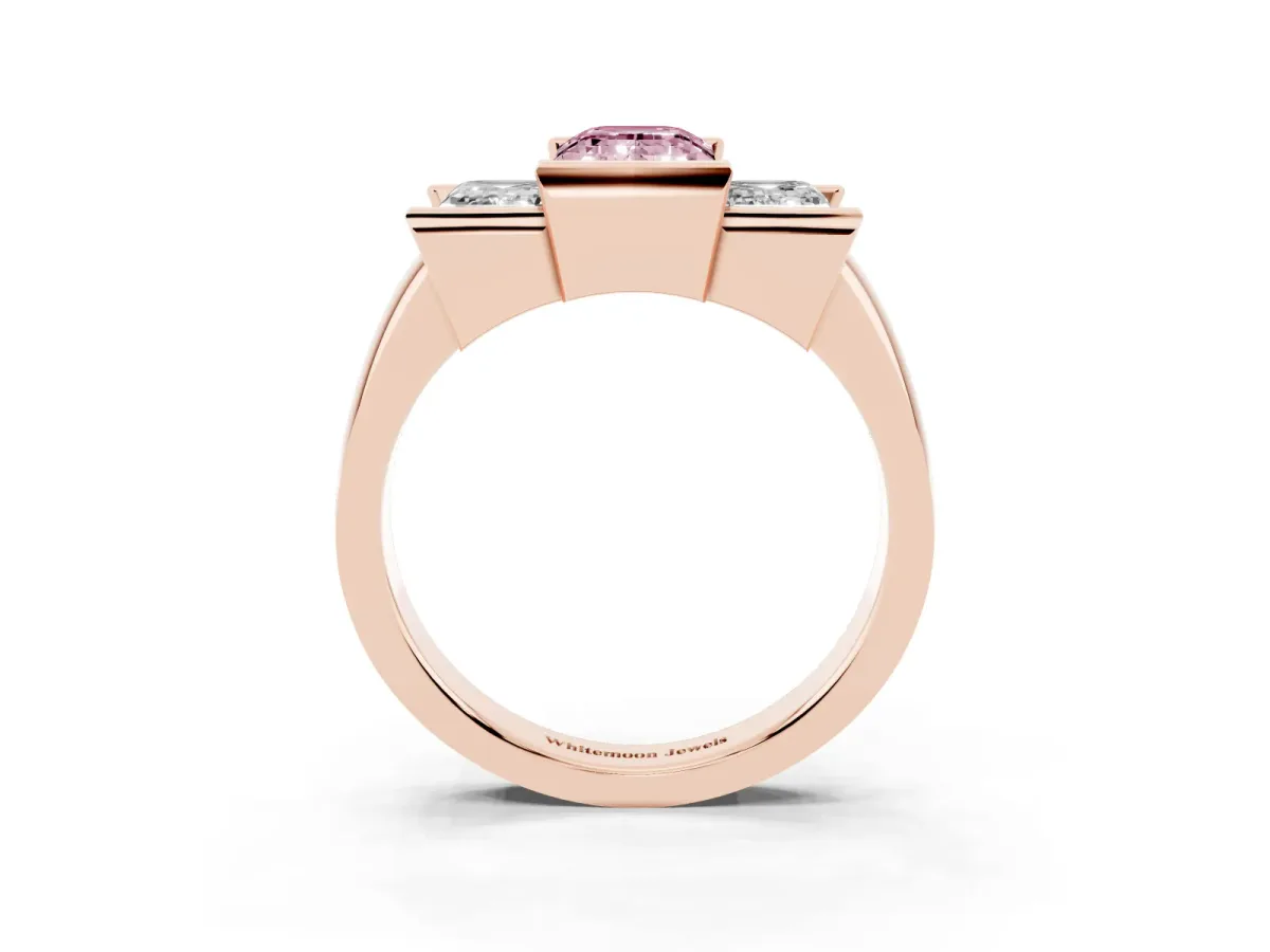 Fancy Pink Three Stone Emerald Cut Cut Channel Set Diamond Ring Rose gold