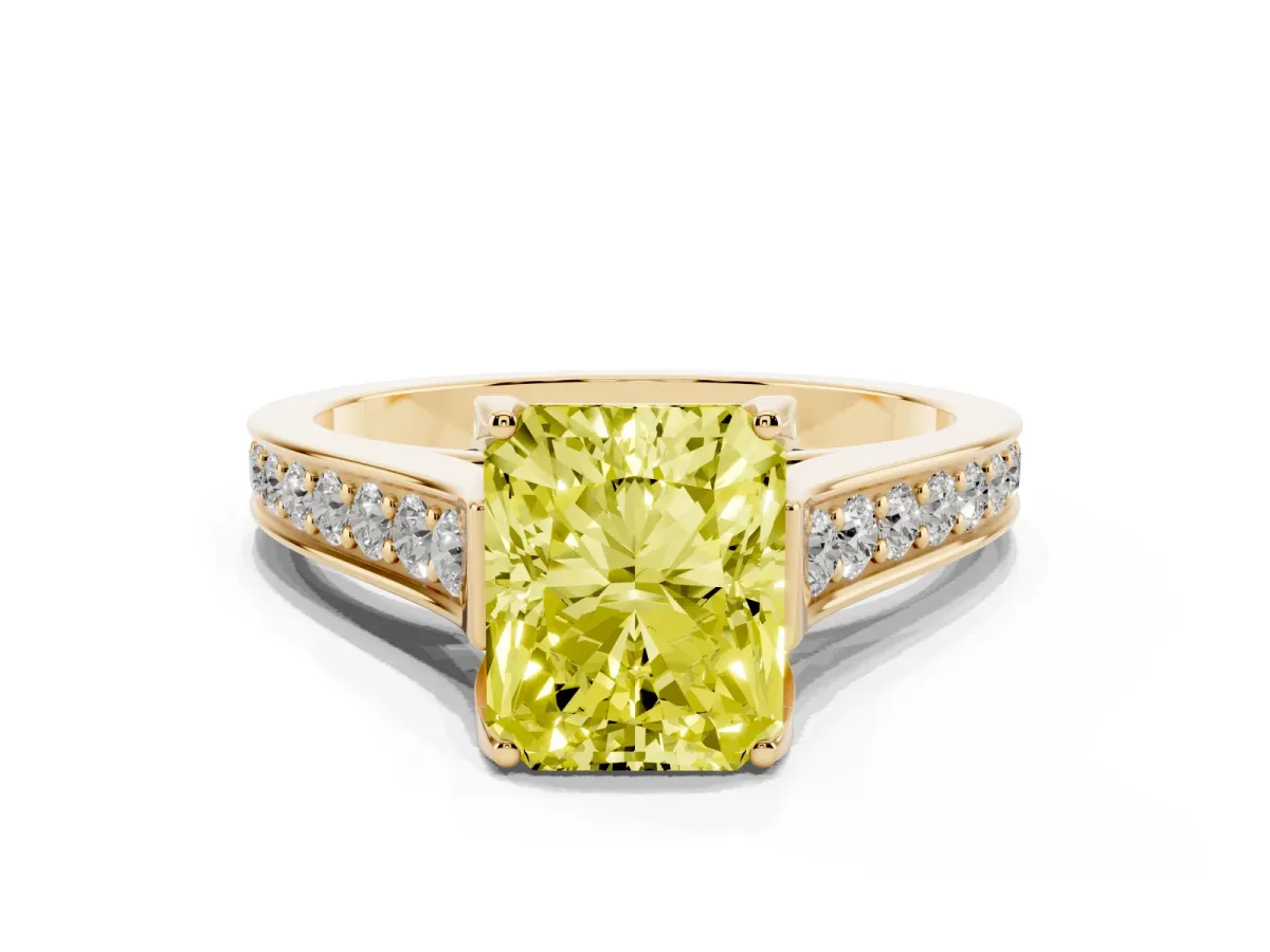 Fancy Yellow Radiant Cut Brilliant Cut Diamond Engagement Ring with Pavé Band and Four-Prong Setting Yellow gold