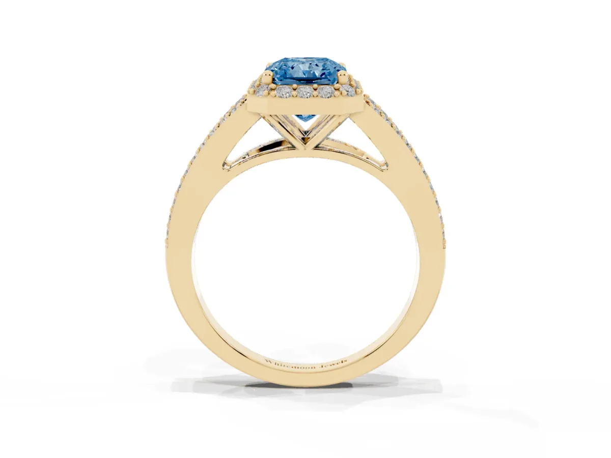 Fancy Blue Radiant Cut Halo Split Shank Pave Diamond Ring with Four-Prong Setting Yellow gold