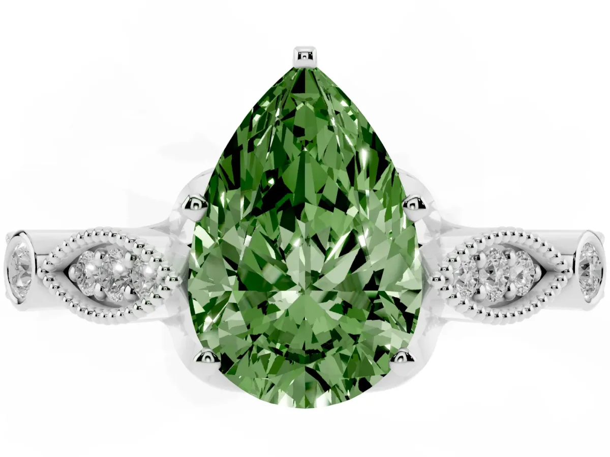 Fancy Green Pear Cut Cut Diamond with Milgrain Marquise and Bezel Accents on a Solitaire Band with Prong Setting Platinum