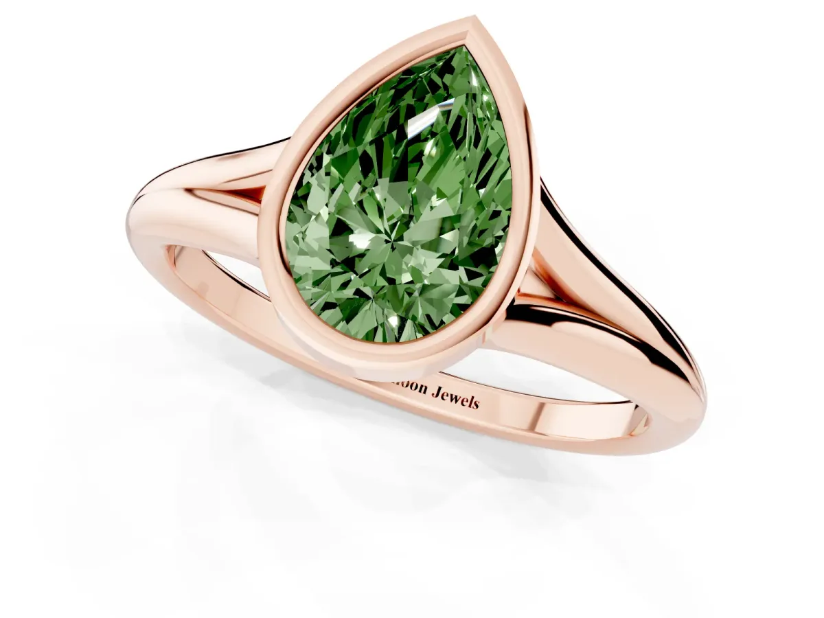 Fancy Green Bezel Set Pear Cut Cut Solitaire Ring with Tapered Band Rose gold