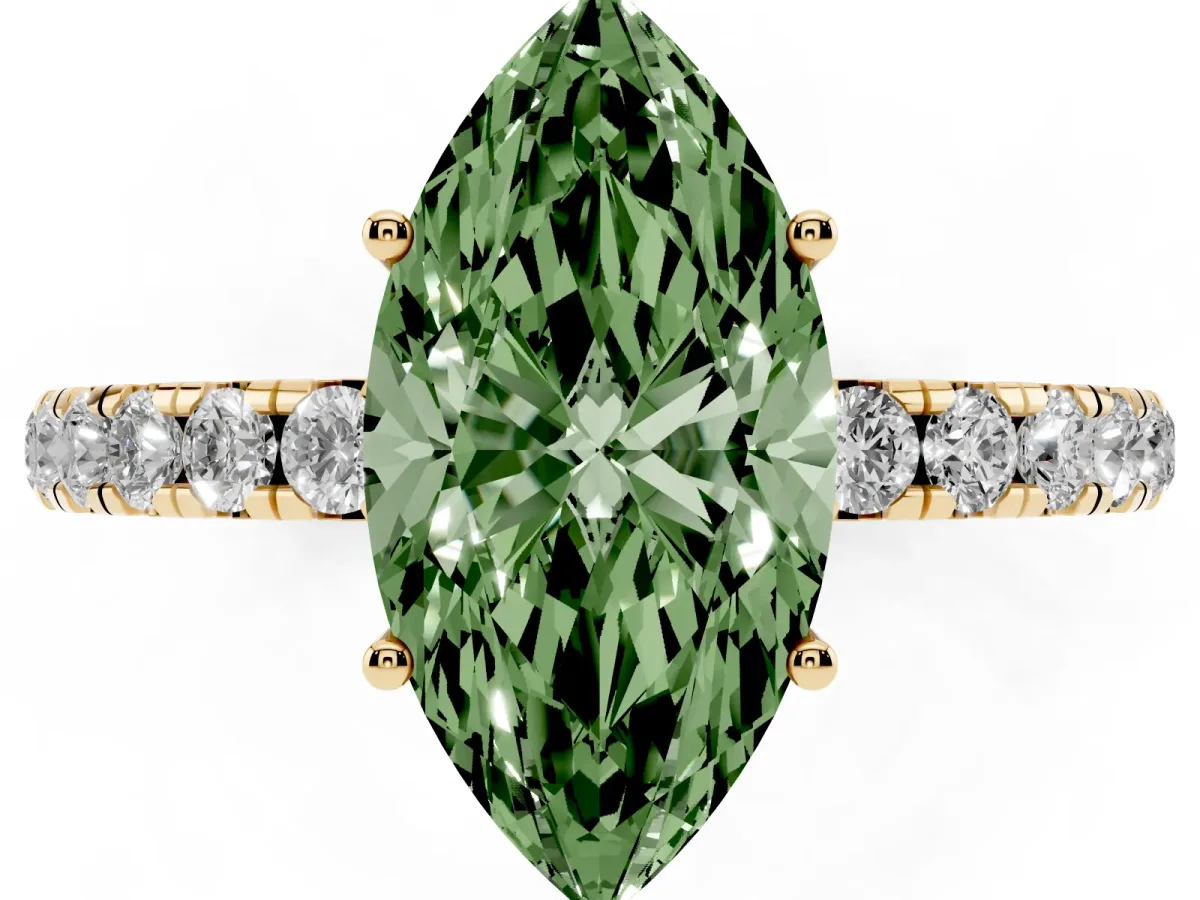 Fancy Green Marquise Cut Diamond Pavé Solitaire Engagement Ring with Four-Prong Setting Yellow gold