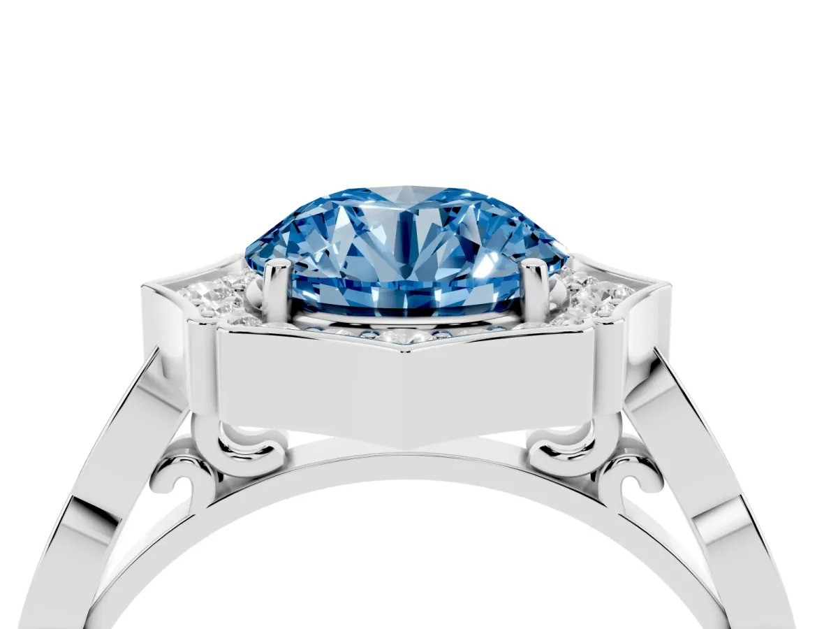 Fancy Blue Round Cut Halo Diamond Engagement Ring with Milgrain Band and Four-Prong Setting Silver