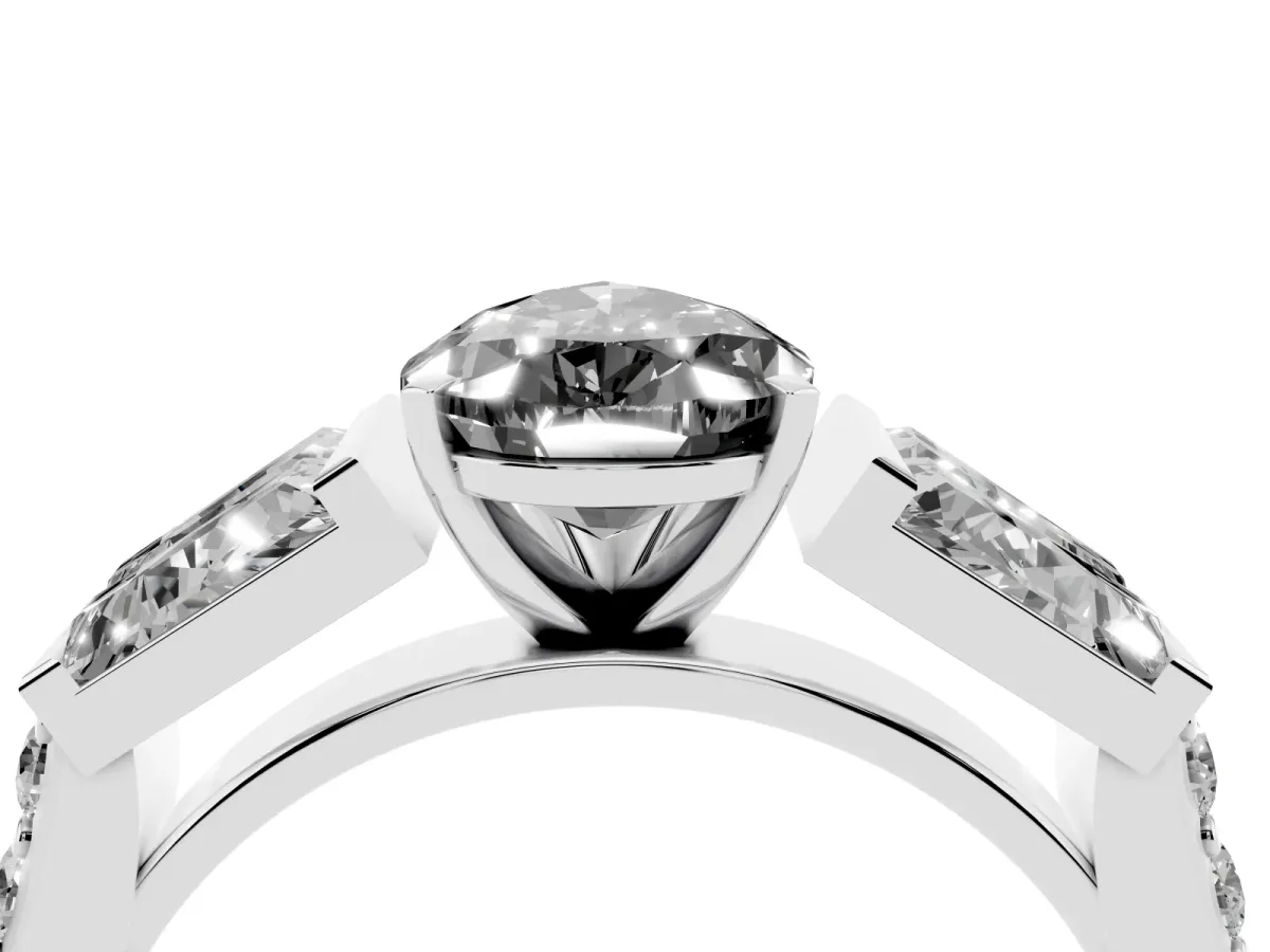 Fancy Black Pear Cut Diamond Engagement Ring with Baguette Side Stones and Channel Set Band Silver