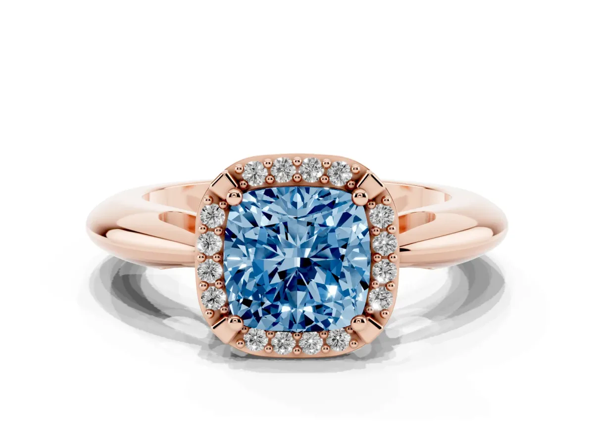 Fancy Blue Cushion Cut Cut Diamond Halo Engagement Ring with Split Shank and Four-Prong Setting Rose gold