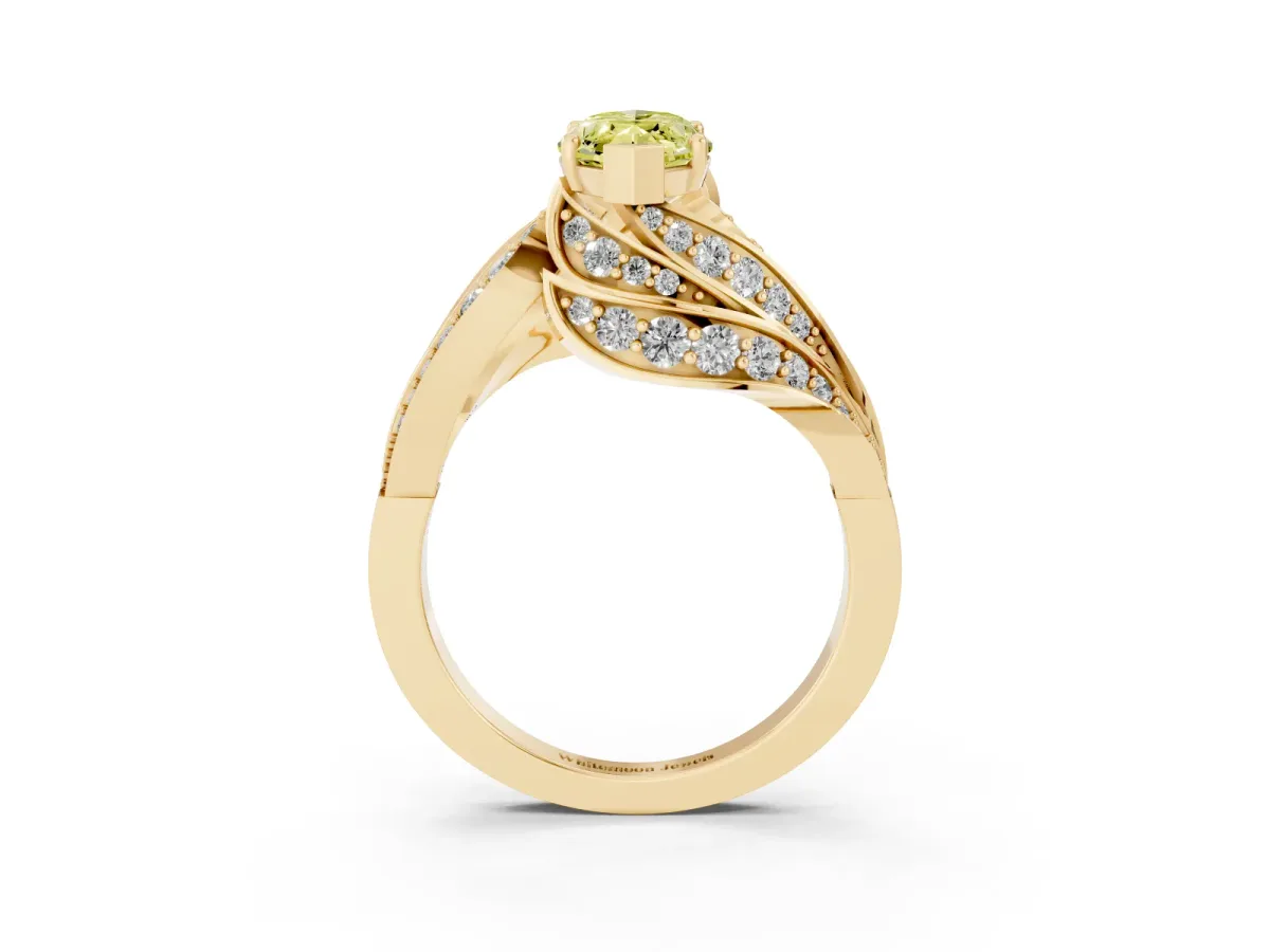 Fancy Yellow Marquise Cut Diamond Solitaire Ring with Prong Setting and Twisted Pavé Band Yellow gold