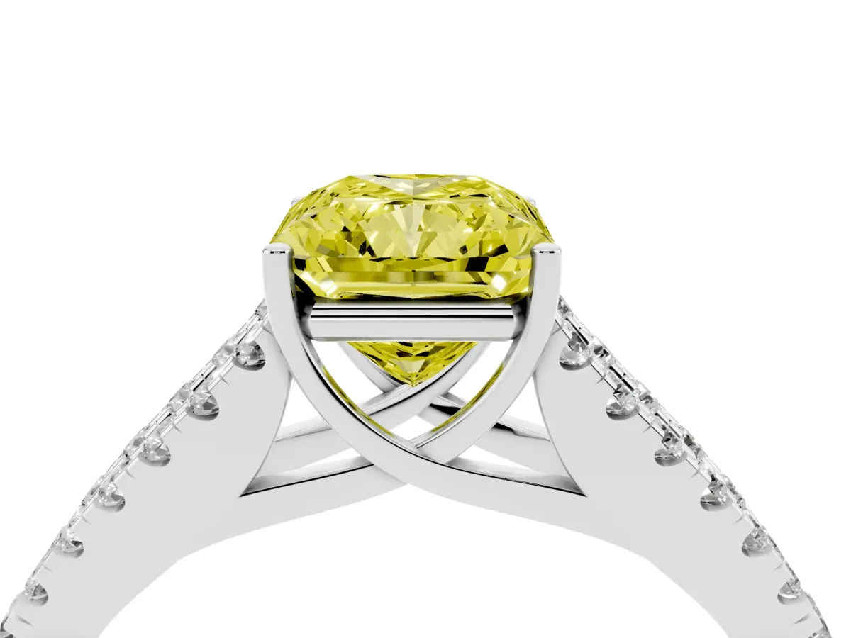Fancy Yellow Radiant Cut Diamond Split Shank Pavé Engagement Ring with Four-Prong Setting Platinum
