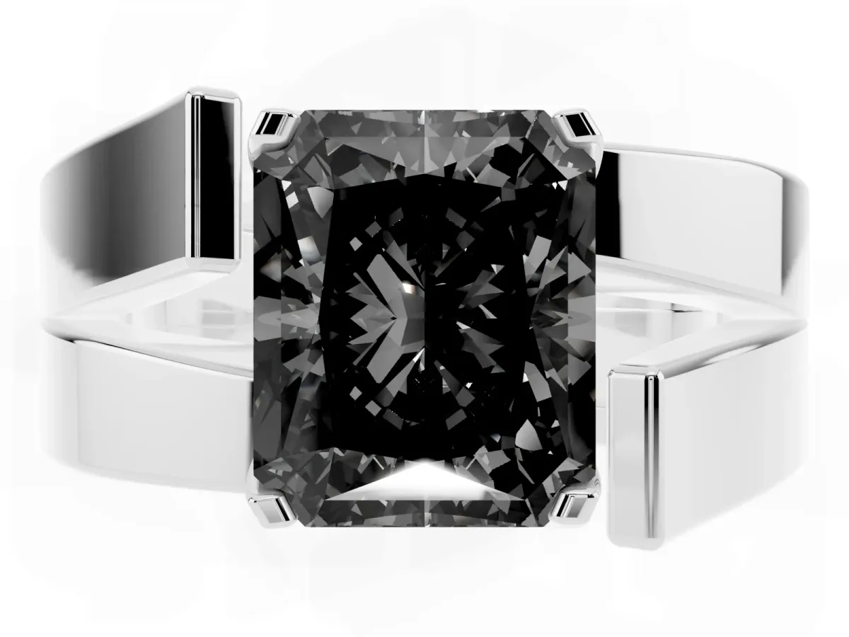 Fancy Black Modern Tension Set Radiant Cut Diamond Solitaire Wide Band Ring Silver