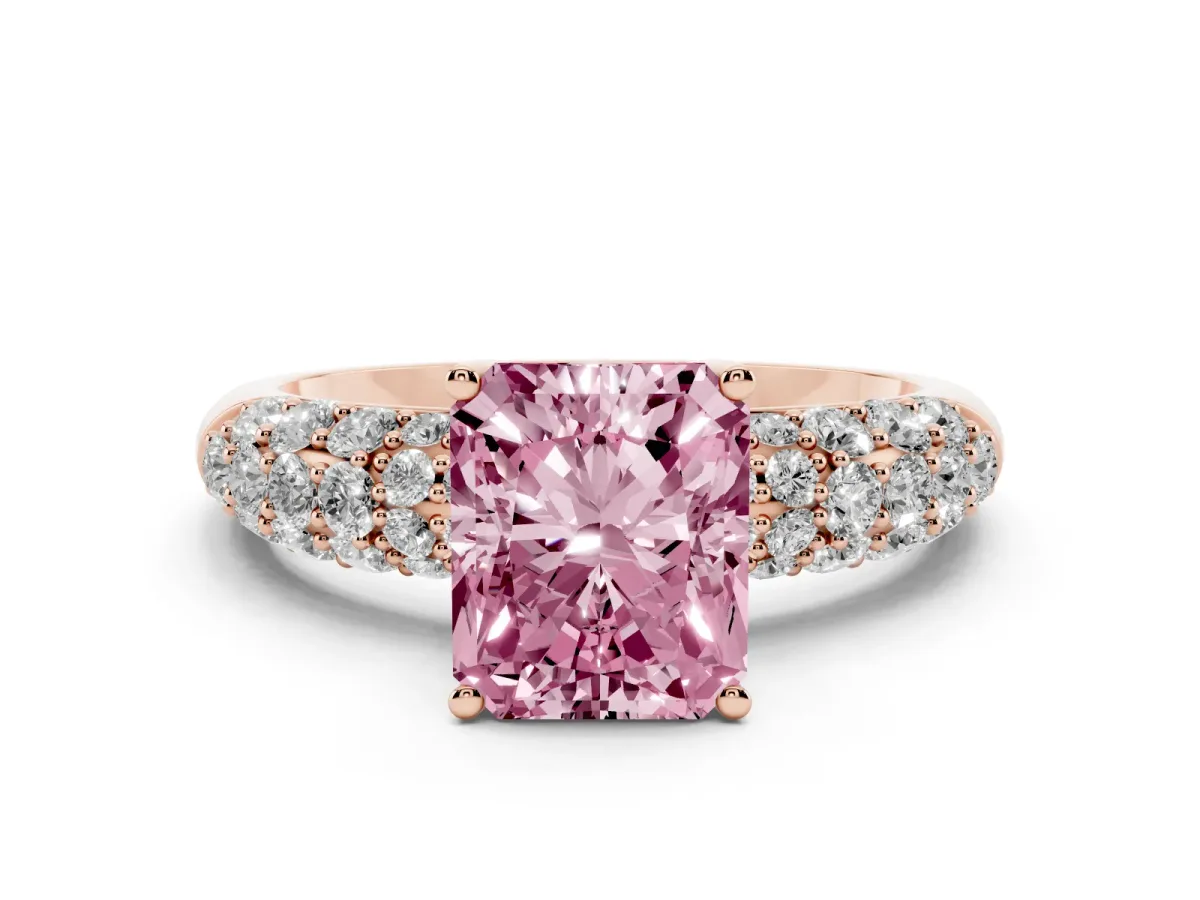 Fancy Pink Radiant Cut Diamond Pavé Band Solitaire Ring with Four-Prong Setting Rose gold