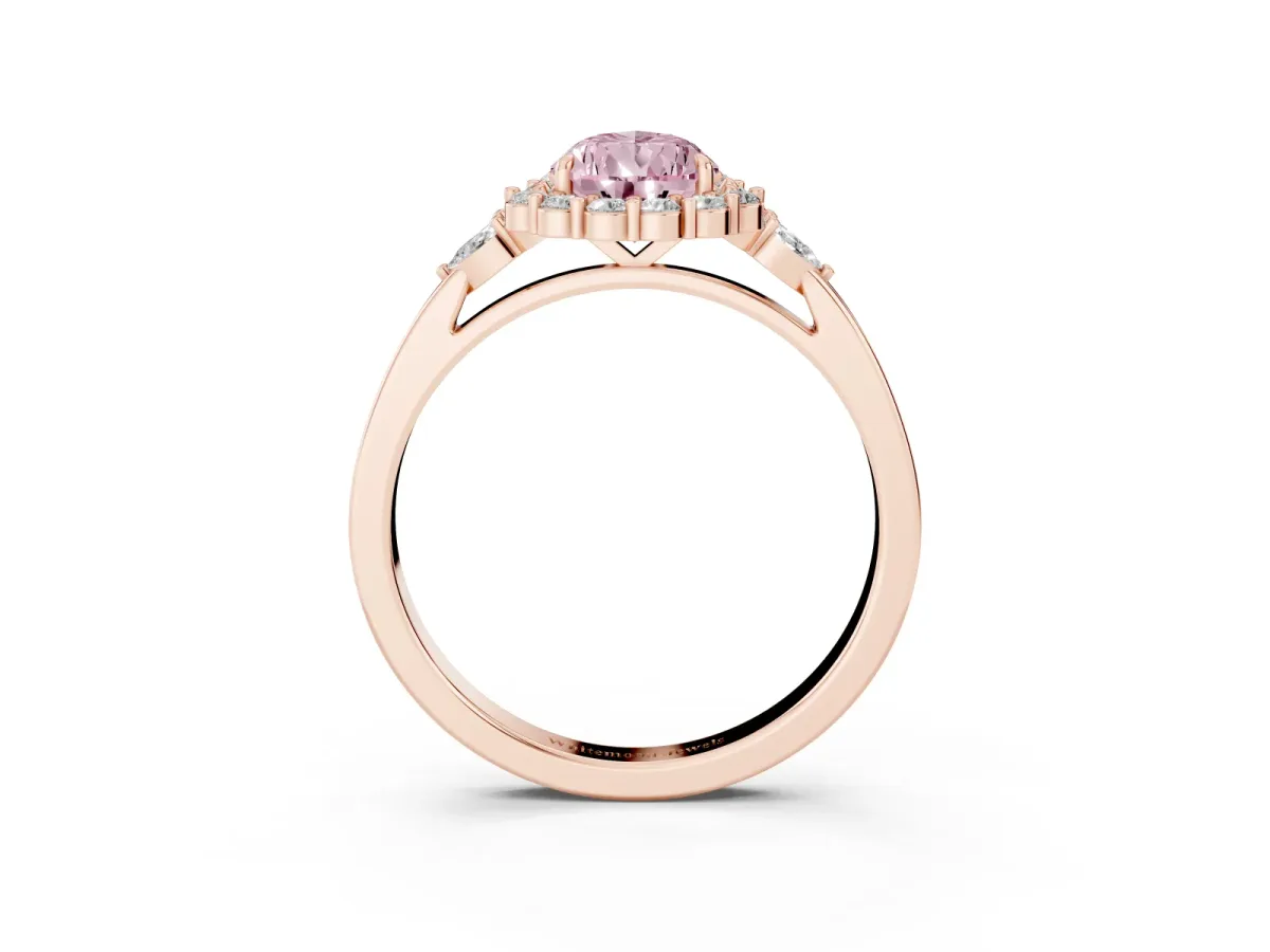 Fancy Pink Pear Cut Diamond Halo Ring with Pear Side Stones and Prong Setting Rose gold