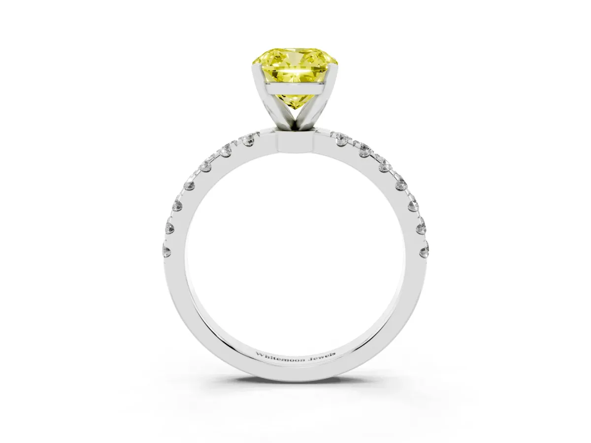 Fancy Yellow Cushion Cut Diamond Solitaire Ring with Pavé Accents and Four-Prong Setting Silver