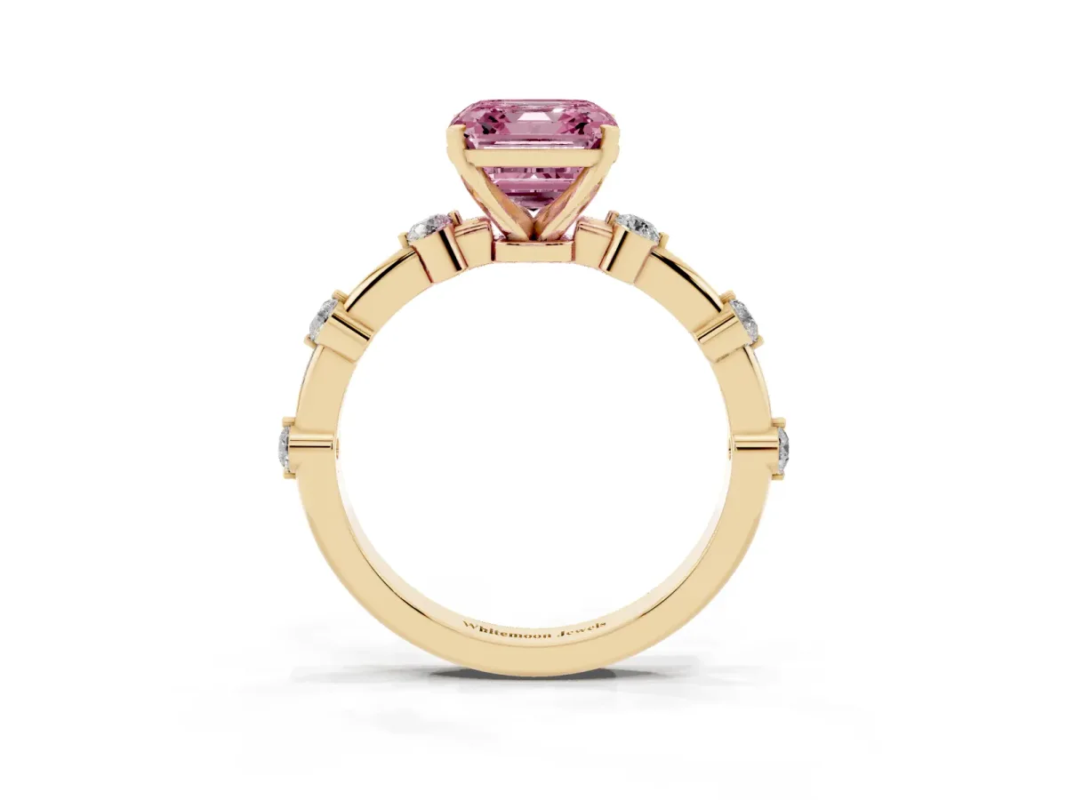 Fancy Pink Asscher Cut Solitaire Diamond Ring with Bezel Set Side Stones and Prong Setting Yellow gold