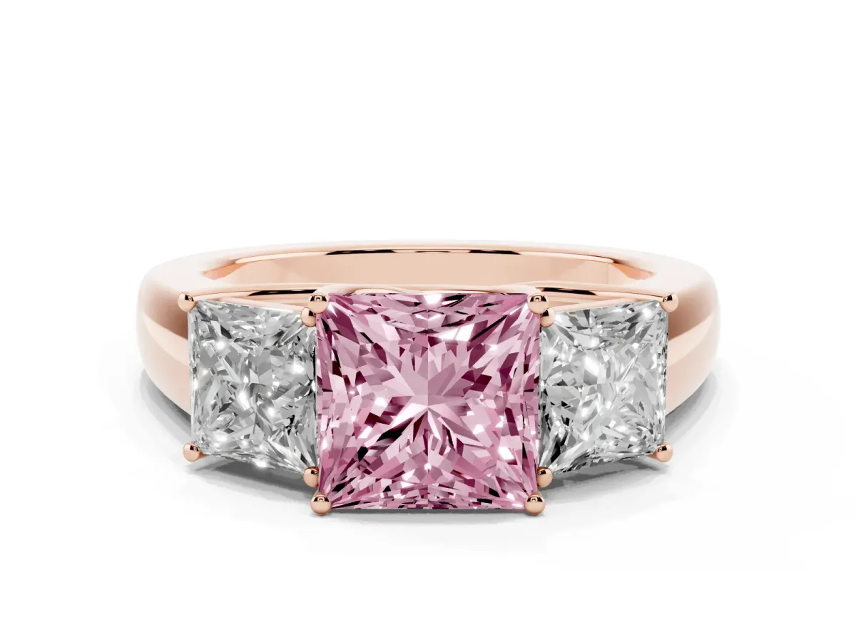 Fancy Pink Three-Stone Princess Cut Cut Diamond Ring with Prong Setting and Classic Band Rose gold