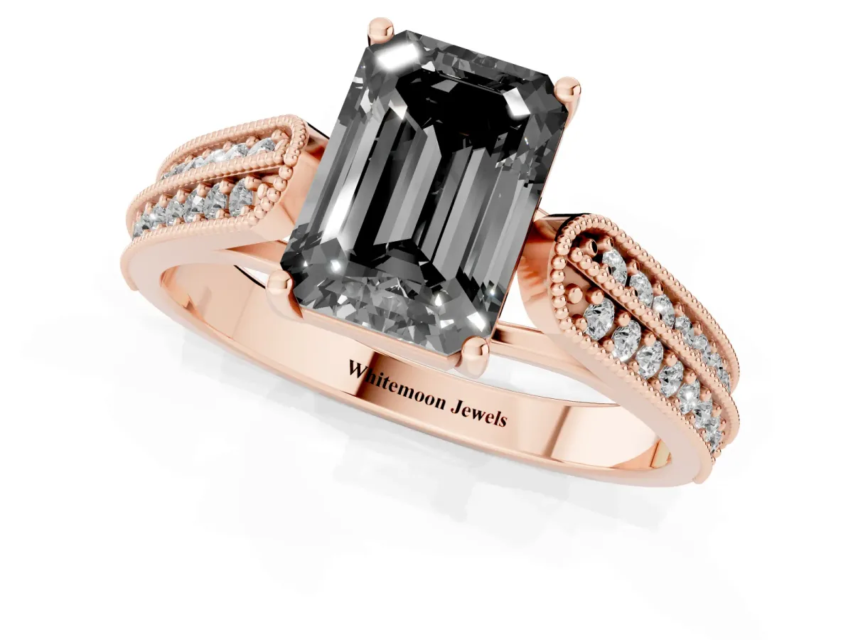 Fancy Black Emerald Cut Cut Pave Split Shank Engagement Ring with Four-Prong Setting Rose gold